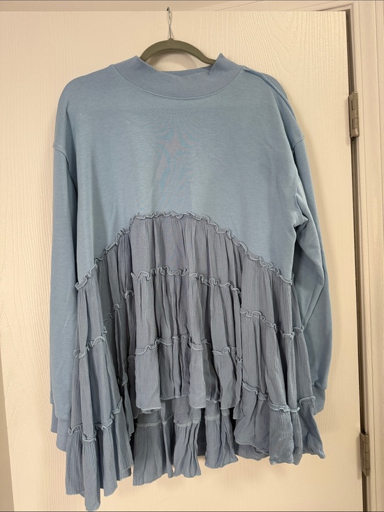 None Tops - Women's Light Blue Ruffle Tiered Pullover Sweatshirt